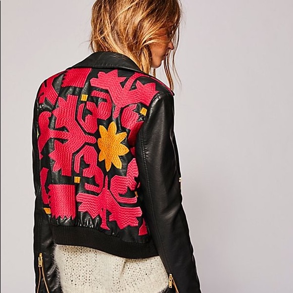 Free People Jackets & Blazers - EUC People Embroidered Vegan Bomber Jacket